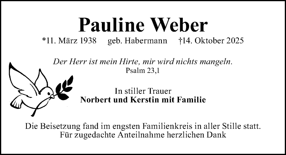  Traueranzeige für Pauline Weber vom 25.10.2025 aus Gesamtausgabe Nürnberger Nachrichten/ Nürnberger Ztg.