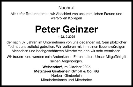 Traueranzeige von Peter Geinzer von Erlanger Nachrichten Lokal