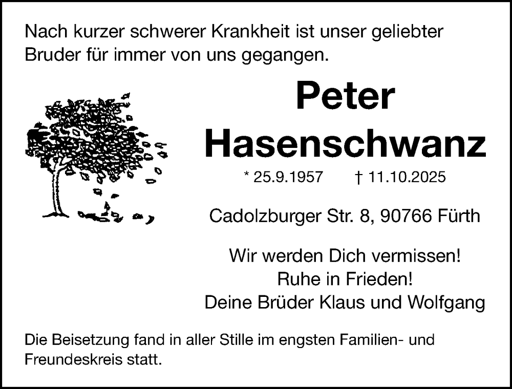  Traueranzeige für Peter Hasenschwanz vom 31.10.2025 aus Fürther Nachrichten Lokal