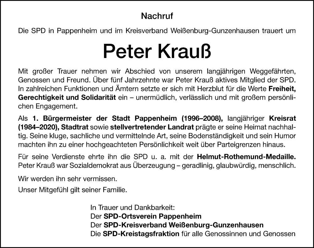  Traueranzeige für Peter Krauß vom 04.10.2025 aus Altmühl-Bote Lokal