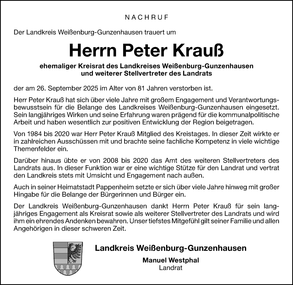  Traueranzeige für Peter Krauß vom 02.10.2025 aus Altmühl-Bote Lokal