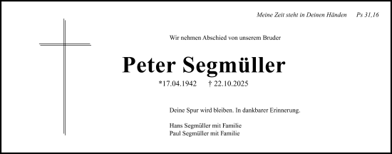 Traueranzeige von Peter Segmüller von Gesamtausgabe Nürnberger Nachrichten/ Nürnberger Ztg.