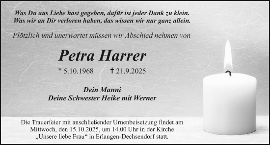Traueranzeige von Petra Harrer von Erlanger Nachrichten Lokal