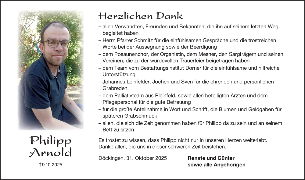  Traueranzeige für Philipp Arnold vom 31.10.2025 aus Altmühl-Bote Lokal