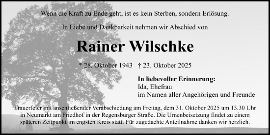 Traueranzeige von Rainer Wilschke von Neumarkter Nachrichten Lokal