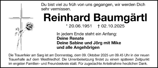 Traueranzeige von Reinhard Baumgärtl von Gesamtausgabe Nürnberger Nachrichten/ Nürnberger Ztg.