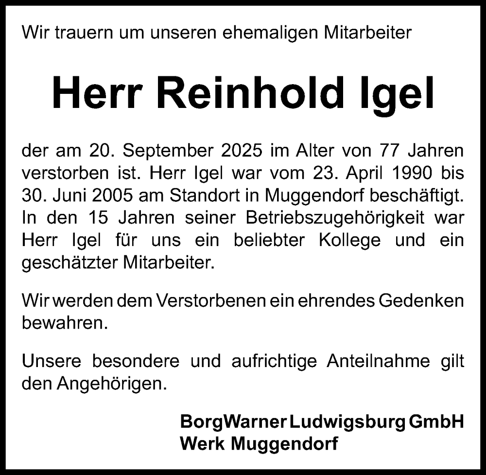  Traueranzeige für Reinhold Igel vom 11.10.2025 aus Nordbayerische Nachrichten Forchheim Lokal