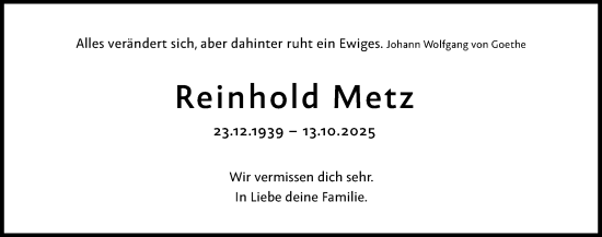 Traueranzeige von Reinhold Metz von Gesamtausgabe Nürnberger Nachrichten/ Nürnberger Ztg./ Fürther Nachrichten