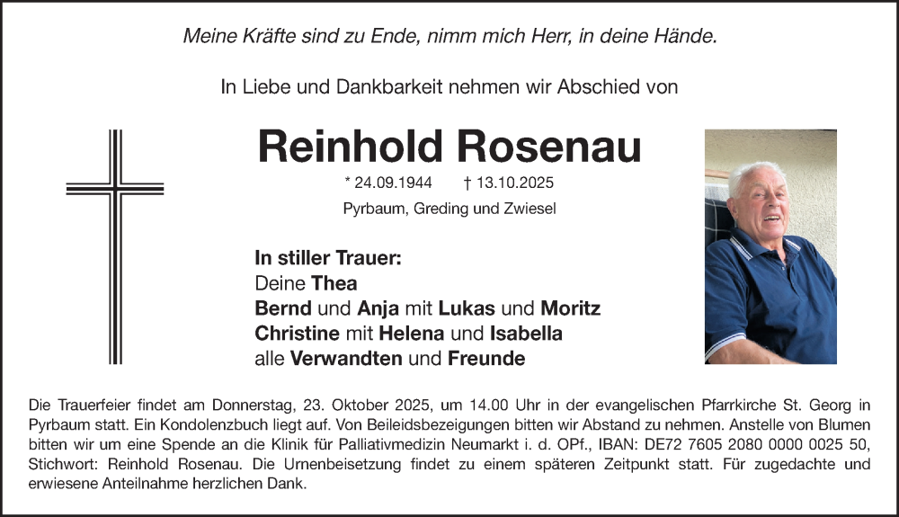  Traueranzeige für Reinhold Rosenau vom 18.10.2025 aus Neumarkter Nachrichten Lokal