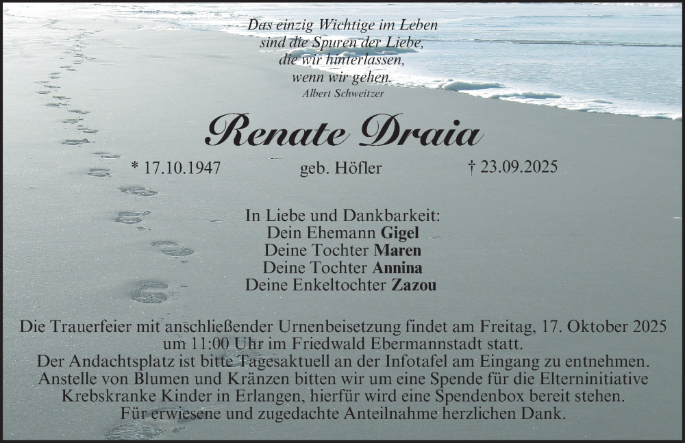  Traueranzeige für Renate Draia vom 11.10.2025 aus Nordbayerische Nachrichten Forchheim Lokal