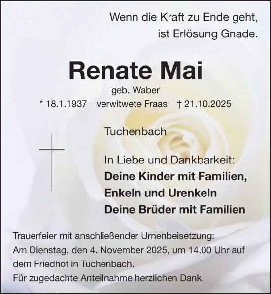 Traueranzeige von Renate Mai von Fürther Nachrichten Lokal