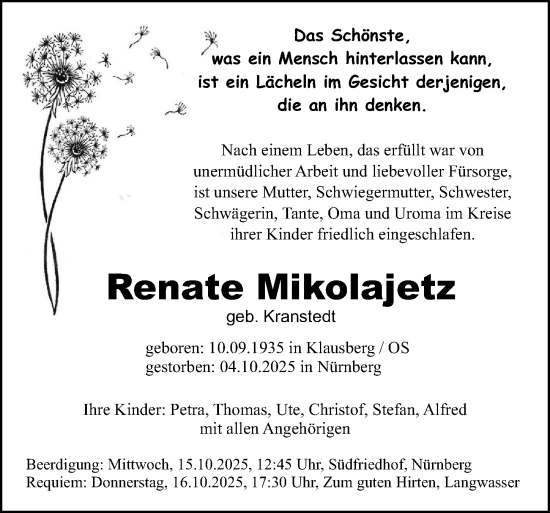 Traueranzeige von Renate Mikolajetz von Gesamtausgabe Nürnberger Nachrichten/ Nürnberger Ztg.