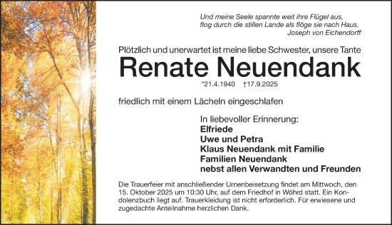 Traueranzeige von Renate Neuendank von Gesamtausgabe Nürnberger Nachrichten/ Nürnberger Ztg.