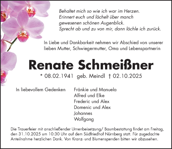 Traueranzeige von Renate Schmeißner von Gesamtausgabe Nürnberger Nachrichten/ Nürnberger Ztg.