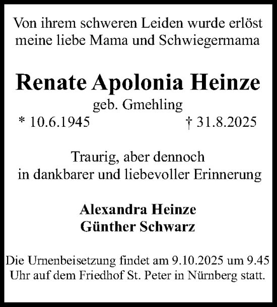 Traueranzeige von Renate Apolonia Heinze von Gesamtausgabe Nürnberger Nachrichten/ Nürnberger Ztg.