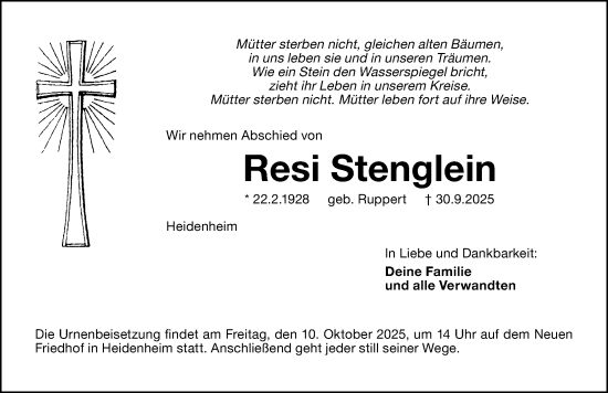 Traueranzeige von Resi Stenglein von Altmühl-Bote Lokal