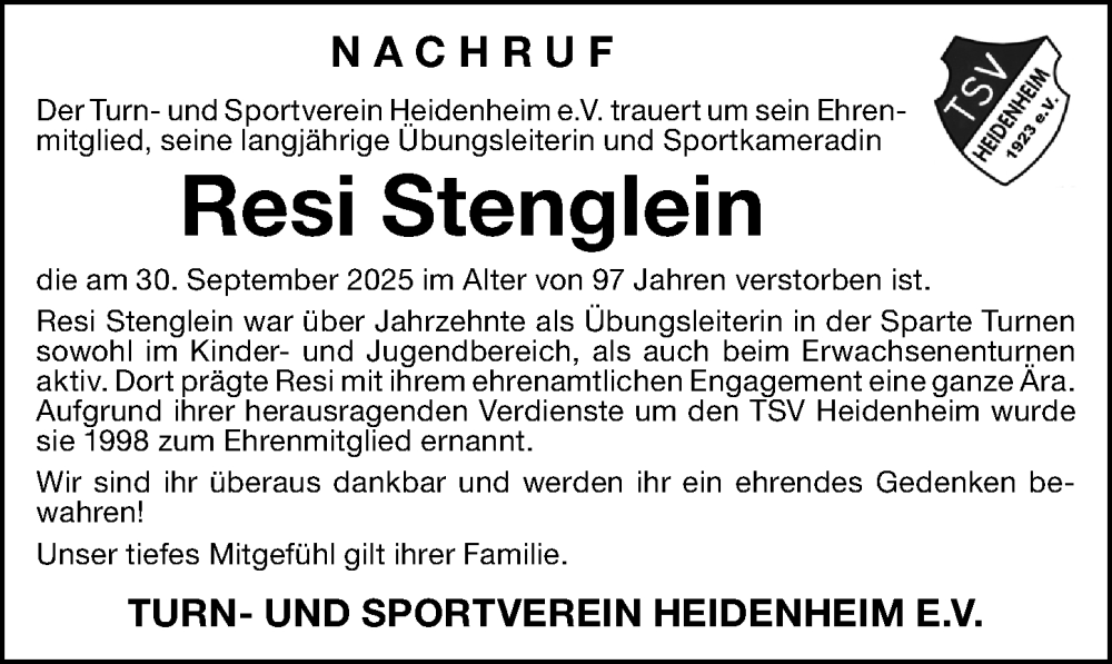  Traueranzeige für Resi Stenglein vom 08.10.2025 aus Altmühl-Bote Lokal