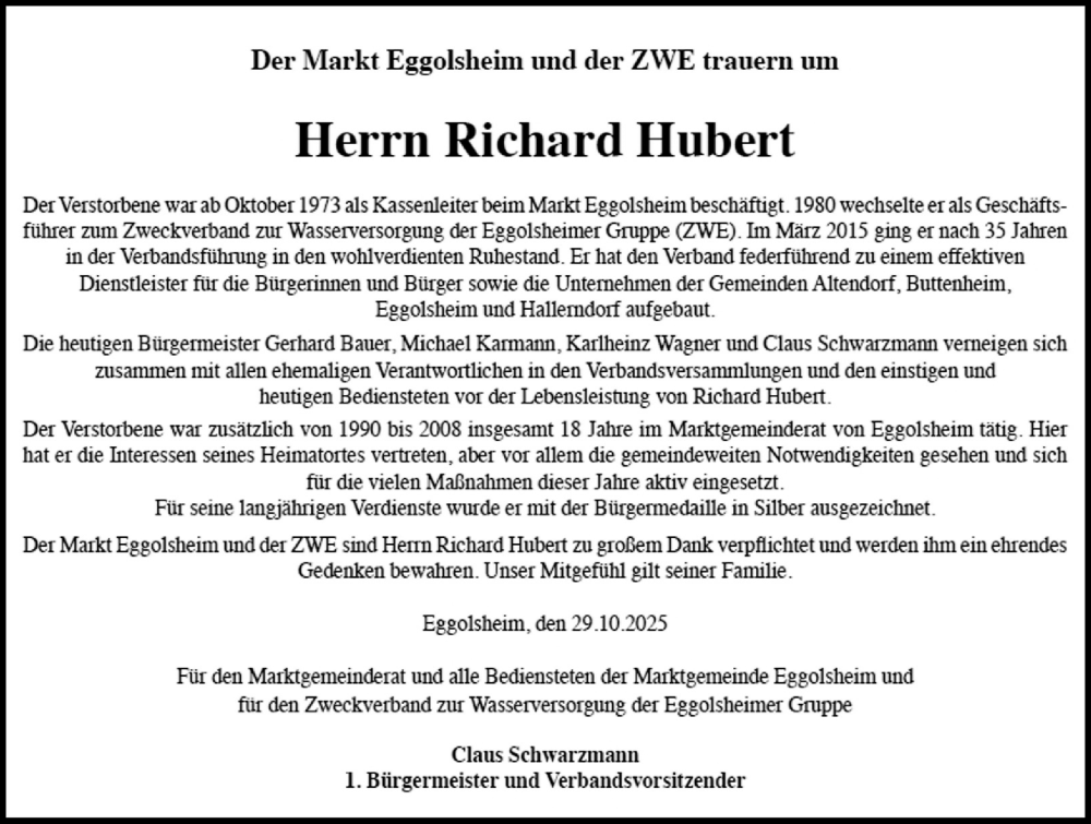  Traueranzeige für Richard Hubert vom 31.10.2025 aus Nordbayerische Nachrichten Forchheim Lokal