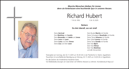 Traueranzeige von Richard Hubert von Nordbayerische Nachrichten Forchheim Lokal