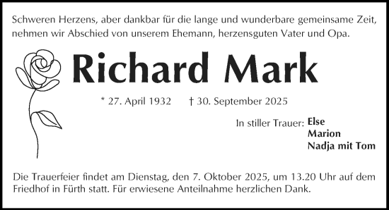 Traueranzeige von Richard Mark von Fürther Nachrichten Lokal