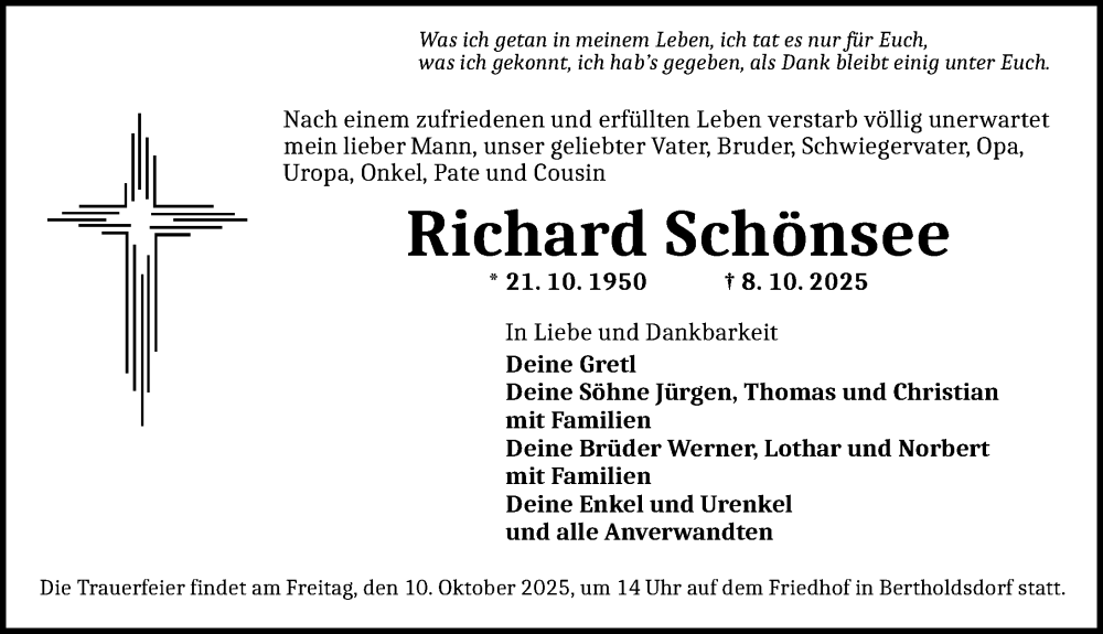  Traueranzeige für Richard Schönsee vom 10.10.2025 aus Schwabacher Tagblatt Lokal