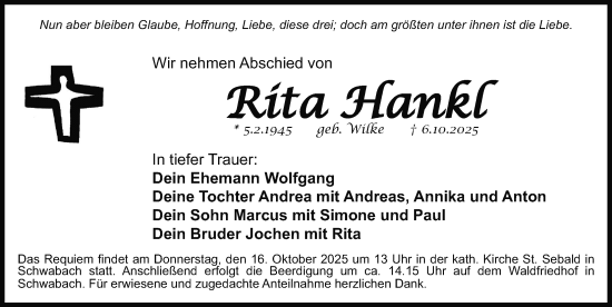 Traueranzeige von Rita Hankl von Schwabacher Tagblatt Lokal