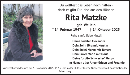 Traueranzeige von Rita Matzke von Erlanger Nachrichten Lokal