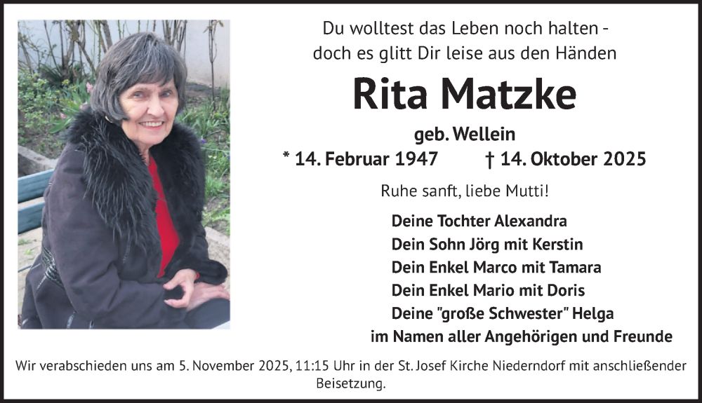  Traueranzeige für Rita Matzke vom 31.10.2025 aus Erlanger Nachrichten Lokal