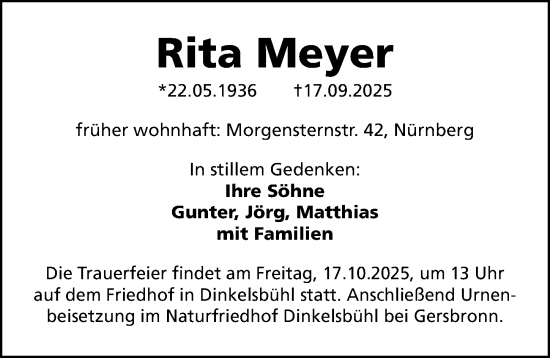 Traueranzeige von Rita Meyer von Gesamtausgabe Nürnberger Nachrichten/ Nürnberger Ztg.