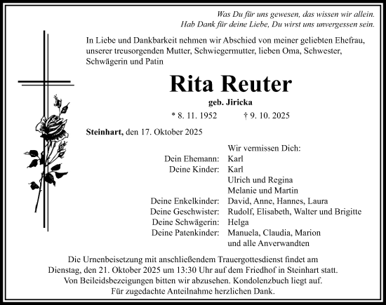 Traueranzeige von Rita Reuter von Altmühl-Bote Lokal