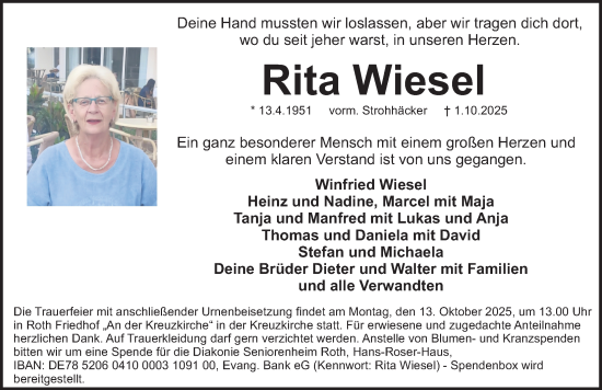 Traueranzeige von Rita Wiesel von Roth-Hilpoltsteiner Volkszeitung Lokal