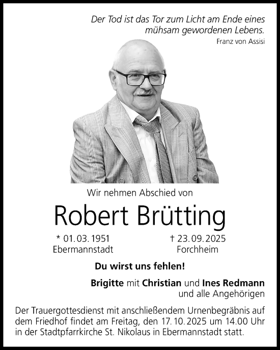 Traueranzeige von Robert Brütting von Nordbayerische Nachrichten Forchheim Lokal