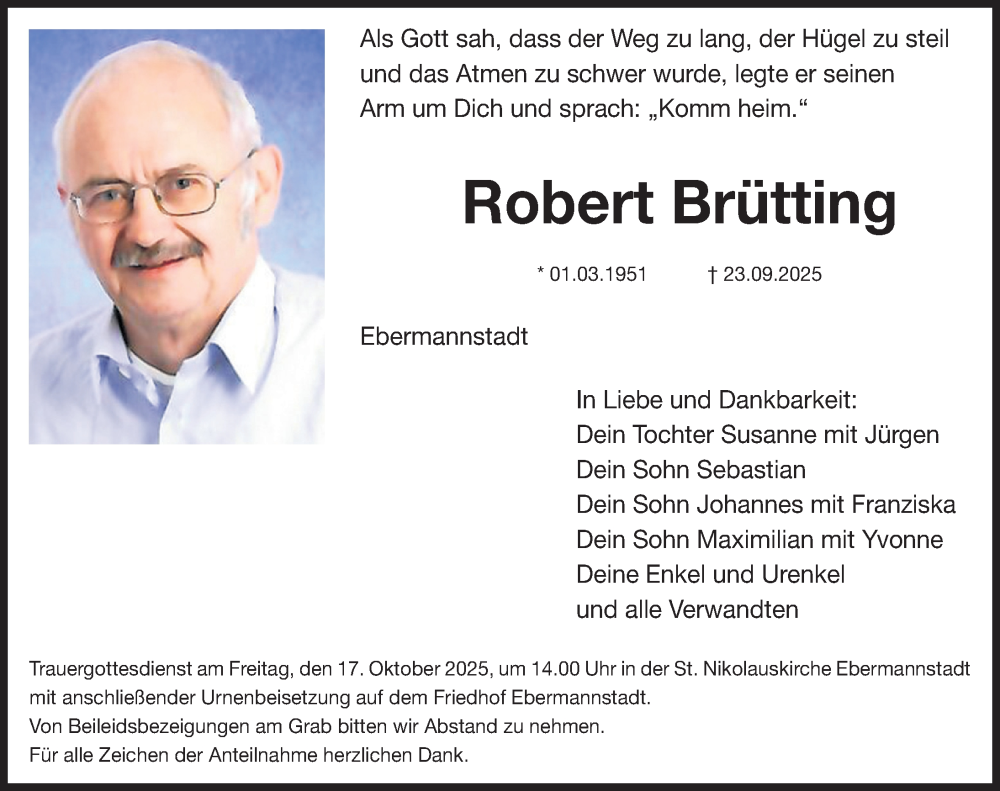  Traueranzeige für Robert Brütting vom 11.10.2025 aus Nordbayerische Nachrichten Forchheim Lokal