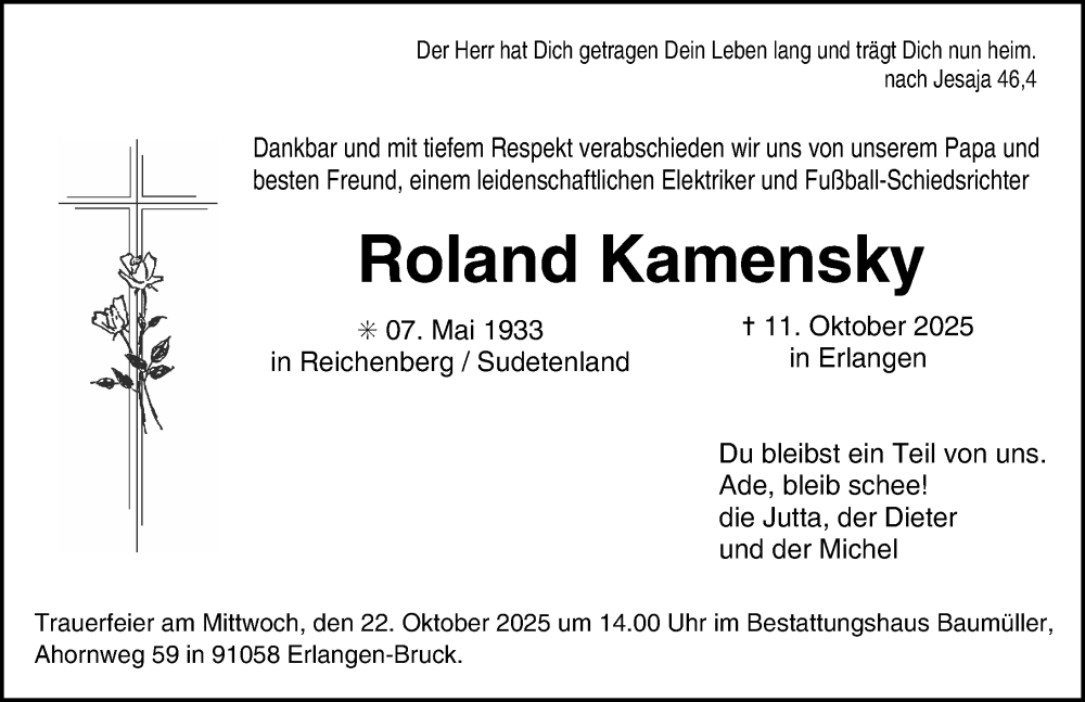  Traueranzeige für Roland Kamensky vom 18.10.2025 aus Erlanger Nachrichten Lokal