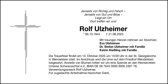 Traueranzeige von Rolf Ulzheimer von Gesamtausgabe Nürnberger Nachrichten/ Nürnberger Ztg.