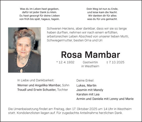 Traueranzeige von Rosa Mambar von Altmühl-Bote Lokal