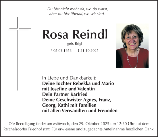 Traueranzeige von Rosa Reindl von Gesamtausgabe Nürnberger Nachrichten/ Nürnberger Ztg.