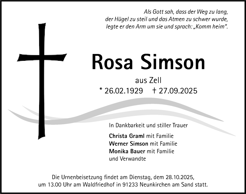  Traueranzeige für Rosa Simson vom 25.10.2025 aus Roth-Hilpoltsteiner Volkszeitung Lokal