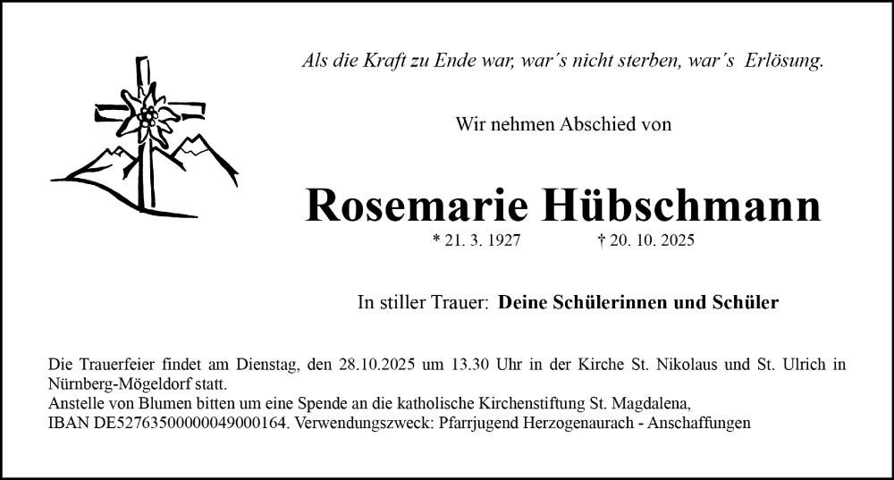  Traueranzeige für Rosemarie Hübschmann vom 25.10.2025 aus Gesamtausgabe Nürnberger Nachrichten/ Nürnberger Ztg.