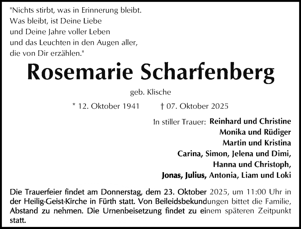  Traueranzeige für Rosemarie Scharfenberg vom 18.10.2025 aus Fürther Nachrichten Lokal