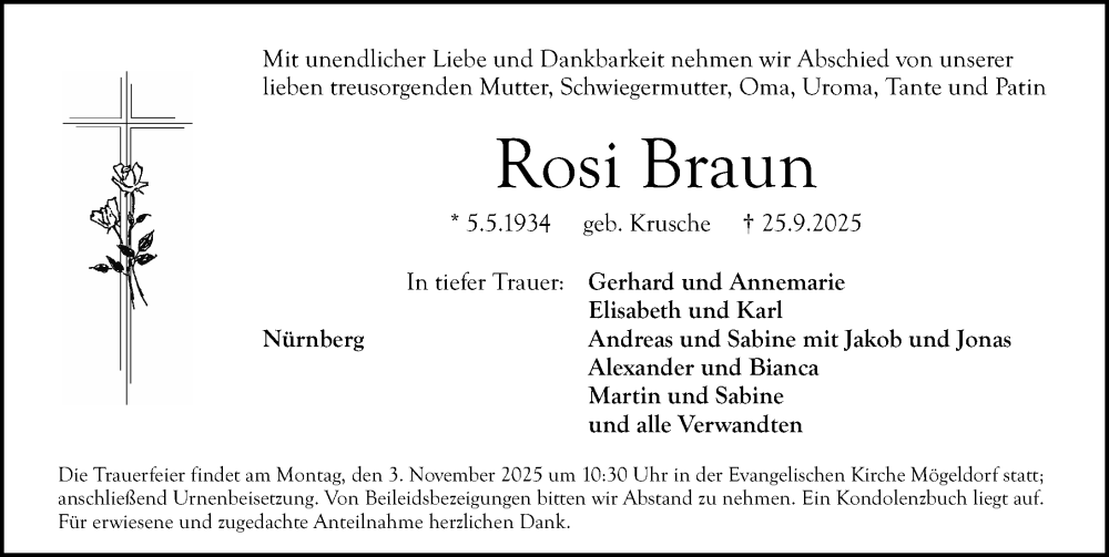  Traueranzeige für Rosi Braun vom 25.10.2025 aus Gesamtausgabe Nürnberger Nachrichten/ Nürnberger Ztg.