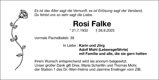 Traueranzeige von Rosi Falke von Gesamtausgabe Nürnberger Nachrichten/ Nürnberger Ztg.