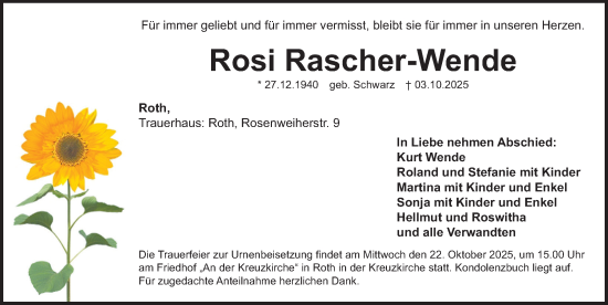 Traueranzeige von Rosi Rascher-Wende von Roth-Hilpoltsteiner Volkszeitung Lokal