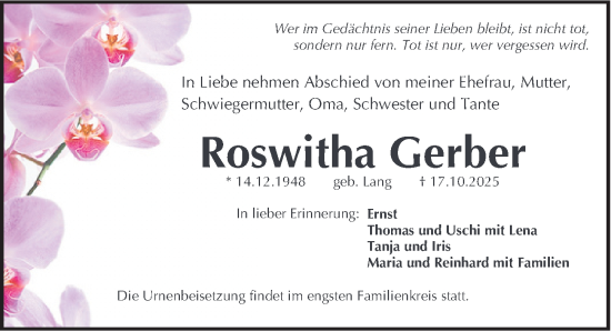 Traueranzeige von Roswitha Gerber von Fürther Nachrichten Lokal