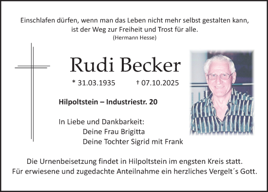 Traueranzeige von Rudi Becker von Roth-Hilpoltsteiner Volkszeitung Lokal