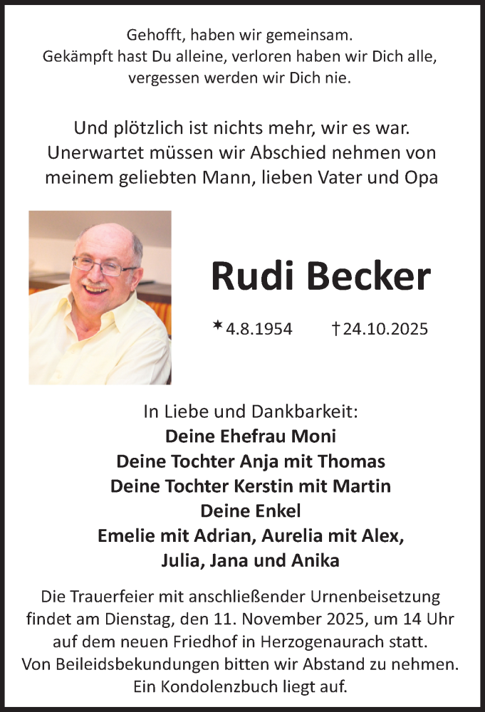  Traueranzeige für Rudi Becker vom 31.10.2025 aus Nordbayerische Nachrichten Herzogenaurach Lokal