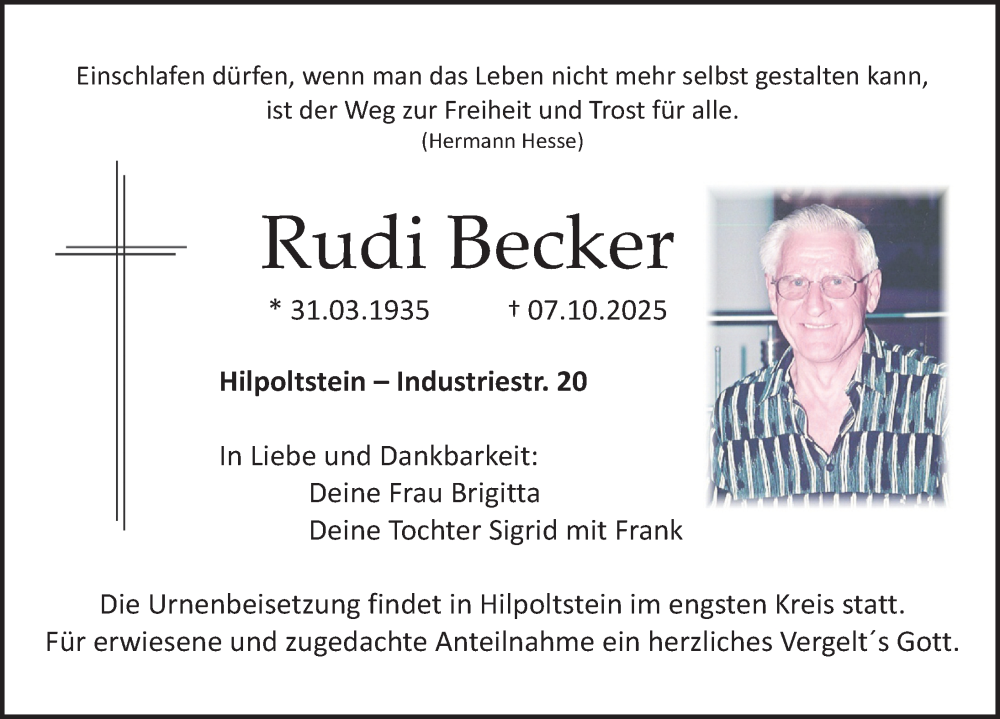  Traueranzeige für Rudi Becker vom 10.10.2025 aus Roth-Hilpoltsteiner Volkszeitung Lokal
