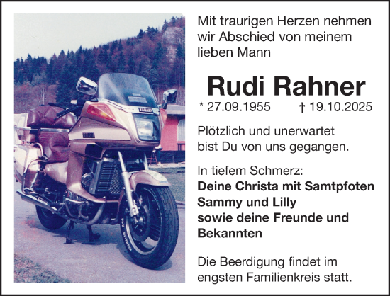 Traueranzeige von Rudi Rahner von Gesamtausgabe Nürnberger Nachrichten/ Nürnberger Ztg.
