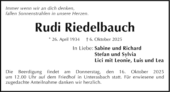 Traueranzeige von Rudi Riedelbauch von Fürther Nachrichten Lokal