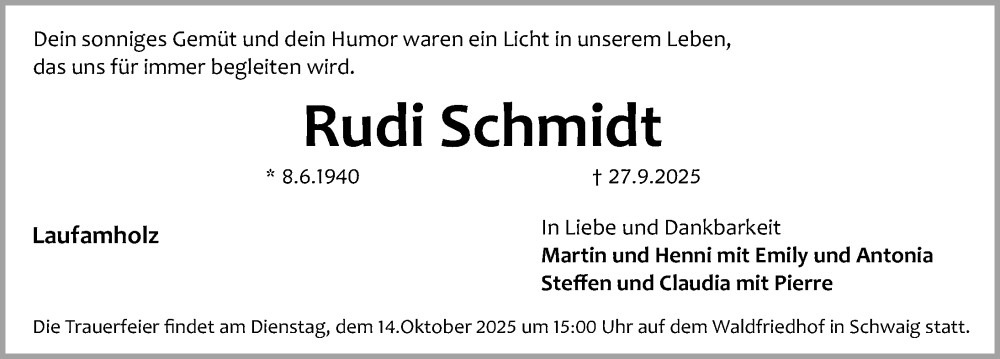  Traueranzeige für Rudi Schmidt vom 11.10.2025 aus Gesamtausgabe Nürnberger Nachrichten/ Nürnberger Ztg.